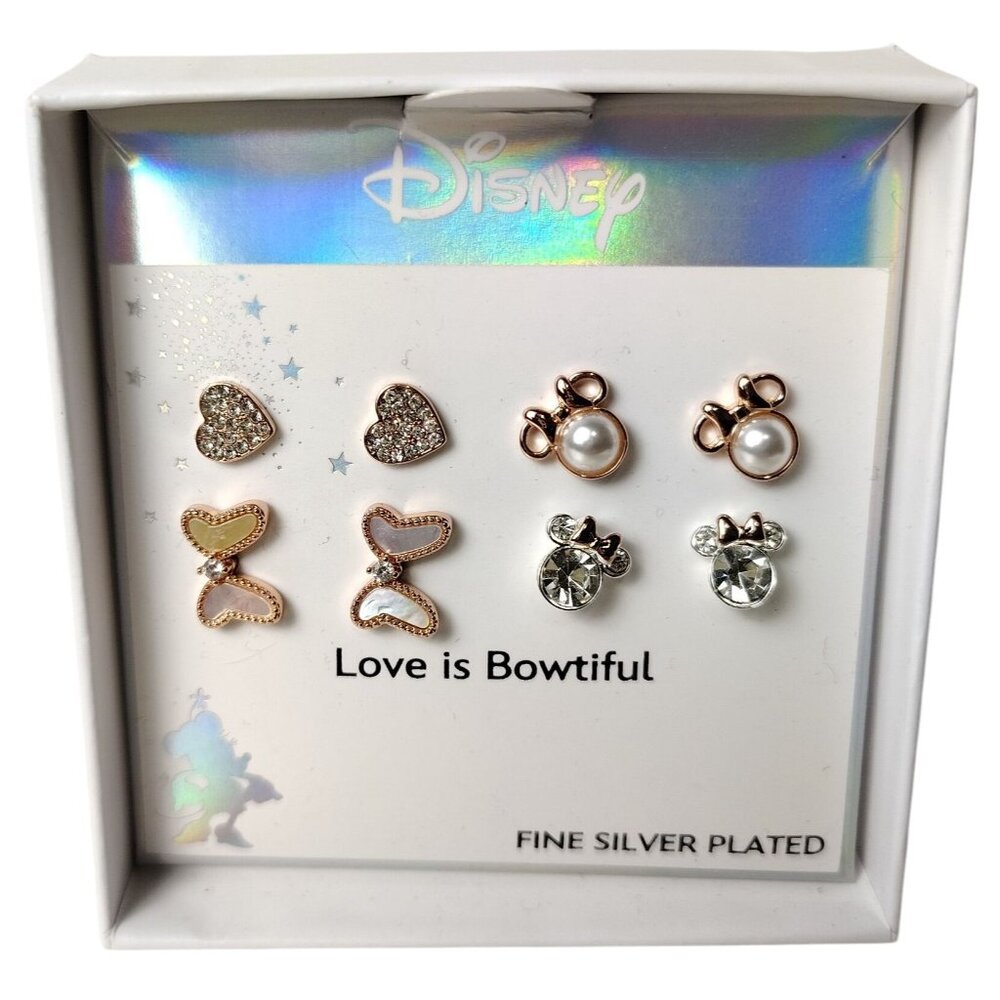 Disney Fine Silver Plated Stud Earrings Set With Minnie Mouse and Hearts Design